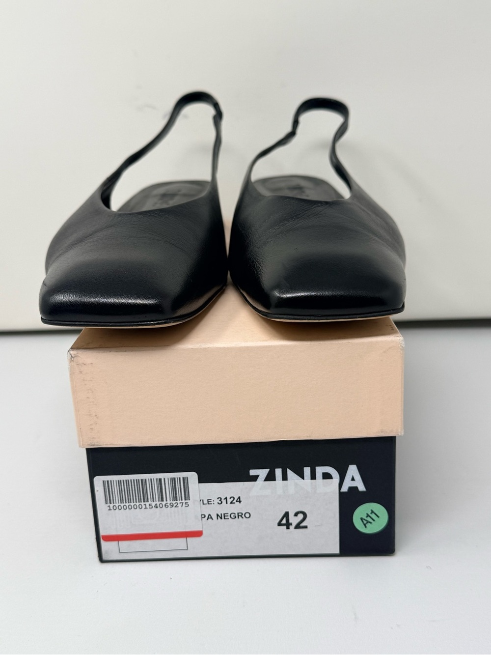 Black Leather Square-Toe Slingback Flats